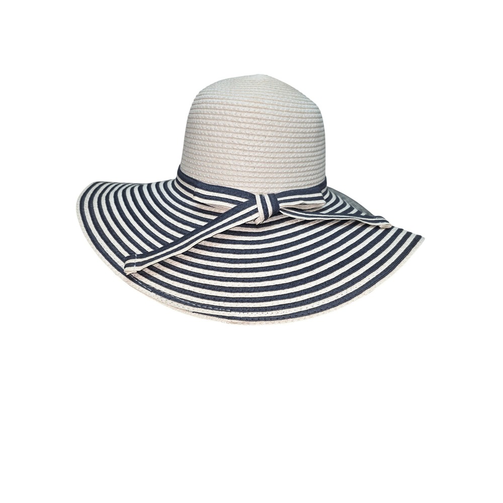 Icing Womens Wide Brim Floppy Sun Hat Navy White Striped Bow Nautical Soft Straw